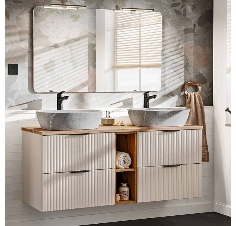 Lomadox Badmöbel-Set ADELAIDE-56-CASHMERE, (Spar-Set, 2-St., Doppelwaschtisch Spiegel Keramikwaschbecken LED-Beleuchtung), 140cm Waschtisch mit Aufsatzwaschbecken, kaschmir und Eiche von Lomadox
