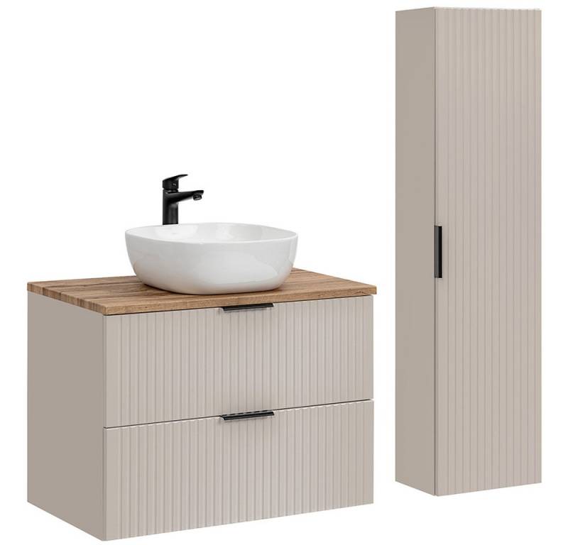 Lomadox Badmöbel-Set ADELAIDE-56-CASHMERE, (Spar-Set, 2-St., Waschtisch Hochschrank Keramikwaschbecken), 80cm Waschtisch, kaschmir und Eiche mit gerillter Front von Lomadox