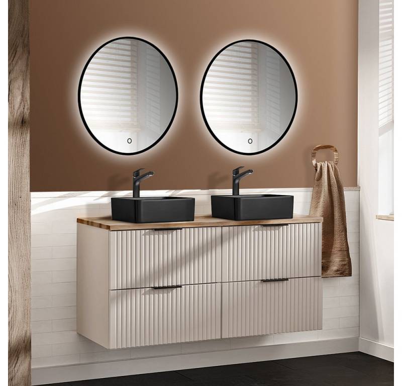 Lomadox Badmöbel-Set ADELAIDE-56-CASHMERE, (Spar-Set, 3-St., Doppelwaschtisch LED-Spiegel Keramikwaschbecken), 120cm Waschtisch mit Aufsatzwaschbecken, kaschmir und Eiche von Lomadox