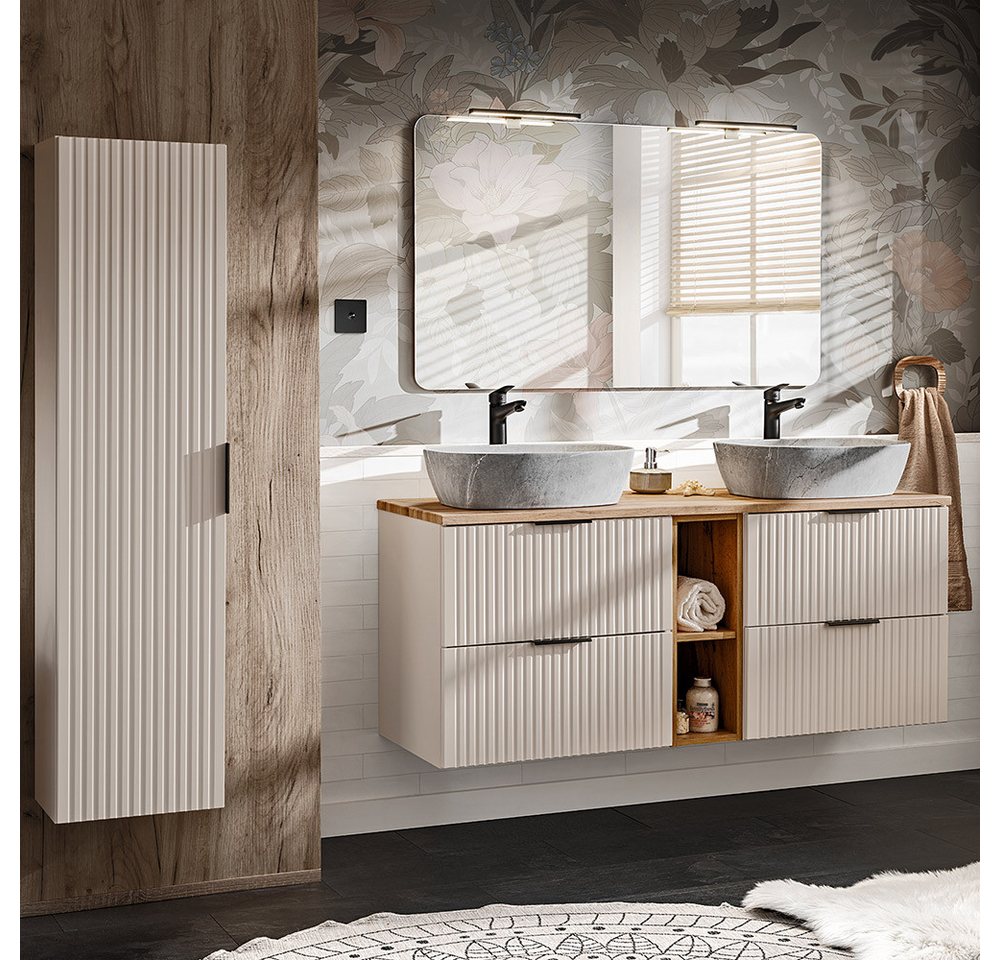 Lomadox Badmöbel-Set ADELAIDE-56-CASHMERE, (Spar-Set, 3-St., Hochschrank Doppelwaschtisch Spiegel Keramikwaschbecken LED), 140cm Waschtisch mit Aufsatzwaschbecken, kaschmir und Eiche von Lomadox