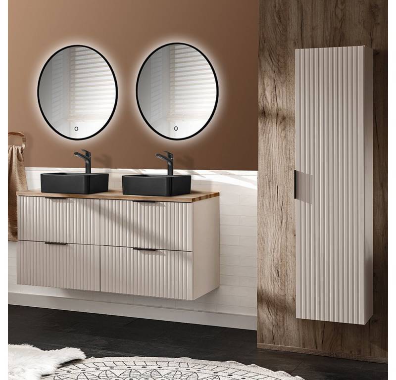 Lomadox Badmöbel-Set ADELAIDE-56-CASHMERE, (Spar-Set, 4-St., Hochschrank Doppelwaschtisch LED-Spiegel Keramikwaschbecken), 120cm Waschtisch mit Aufsatzwaschbecken, kaschmir und Eiche von Lomadox