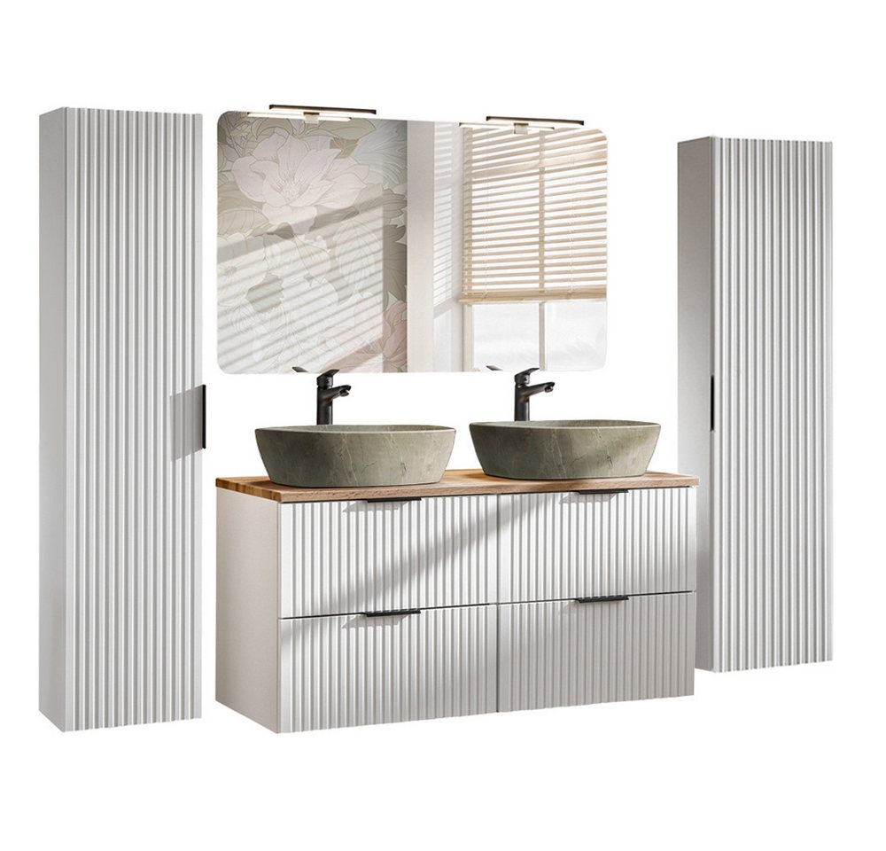 Lomadox Badmöbel-Set ADELAIDE-56-WHITE, (Spar-Set, 4-St), weiß matt mit Rillenoptik, Doppelwaschtisch, Spiegel, 2 Hochschränke von Lomadox