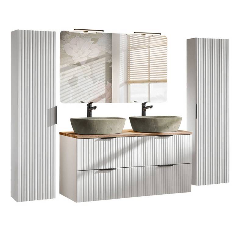 Lomadox Badmöbel-Set ADELAIDE-56-WHITE, (Spar-Set, 4-St), weiß matt mit Rillenoptik, Doppelwaschtisch, Spiegel, 2 Hochschränke von Lomadox