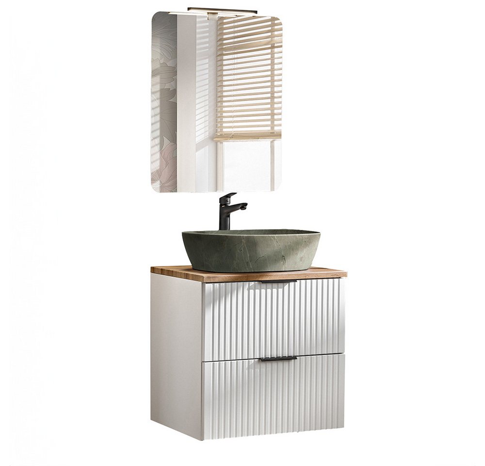 Lomadox Badmöbel-Set ADELAIDE-56-WHITE, (Spar-Set, 2-St., Aufbauleuchte Badspiegel Waschbecken Waschbeckenschrank), Waschplatz matt weiß 60 cm mit Keramikbecken von Lomadox