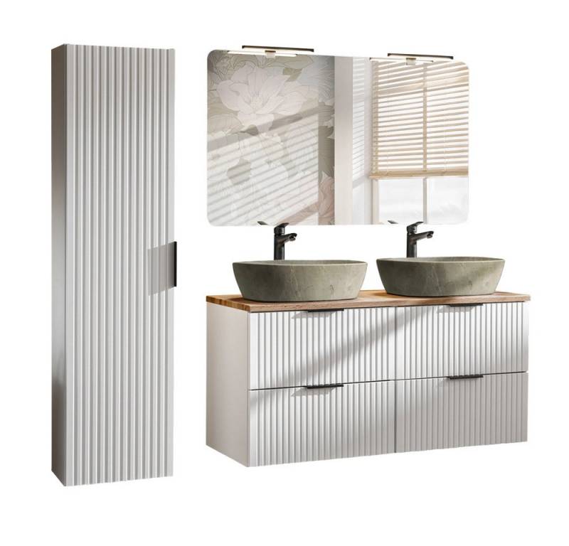 Lomadox Badmöbel-Set ADELAIDE-56-WHITE, (Spar-Set, 3-St), matt weiß LED-Spiegel, Waschtisch mit 2 Keramikbecken, Hochschrank von Lomadox