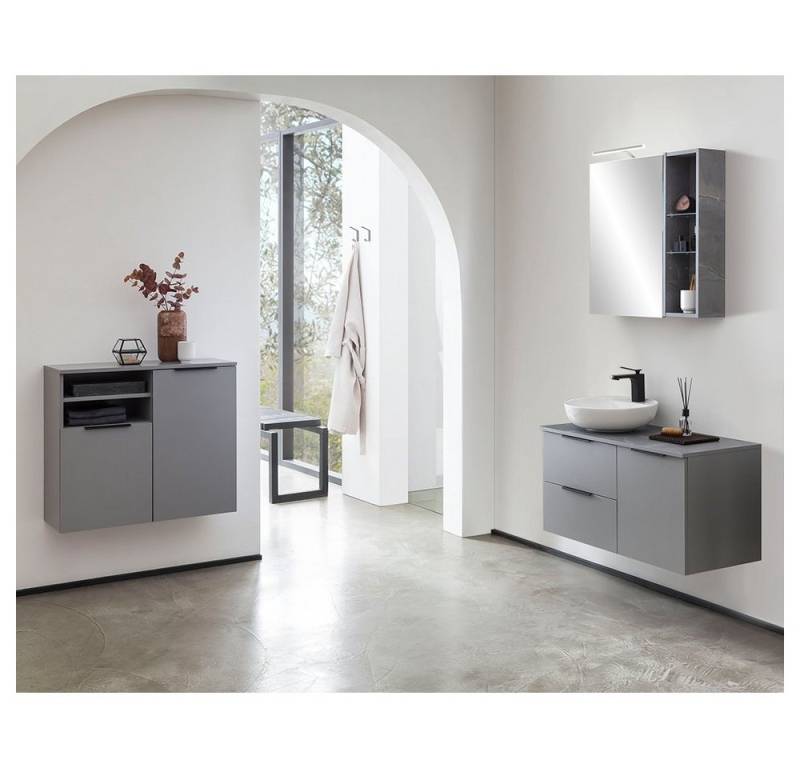 Lomadox Badmöbel-Set ALMATY-80, (Spar-Set, 3-St), in grau mit LED Spiegelschrank und Keramik Aufsatzwaschbecken von Lomadox