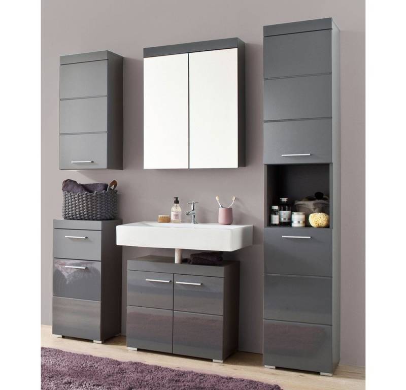 Lomadox Badmöbel-Set ALTENA-19, (Spar-Set, 5-St), mit Spiegelschrank in Grau Hochglanz von Lomadox