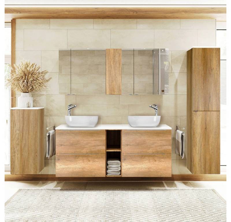 Lomadox Badmöbel-Set AMARILLO-147-OAK, (Spar-Set, 4-St., Doppelspiegelschrank Doppelwaschtisch Badkommode Hochschrank), in Eiche mit weiß, 140cm Waschtisch, Keramik-Waschbecken von Lomadox