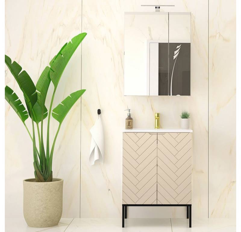 Lomadox Badmöbel-Set ANGERA-140, (Spar-Set, 2-St., Waschtisch Spiegelschrank), modern in weiß mit Fischgrät Design und schwarzen Metallgestell von Lomadox