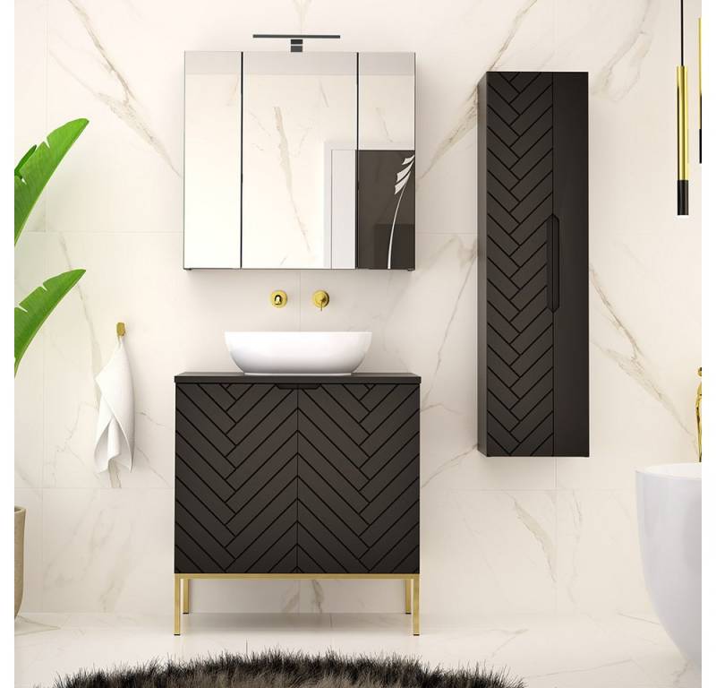 Lomadox Badmöbel-Set ANGERA-140, (Spar-Set, 3-St., Waschtisch Hochschrank Spiegelschrank), modern in schwarz mit Fischgrät Design und goldfarbenen Metallgestell von Lomadox