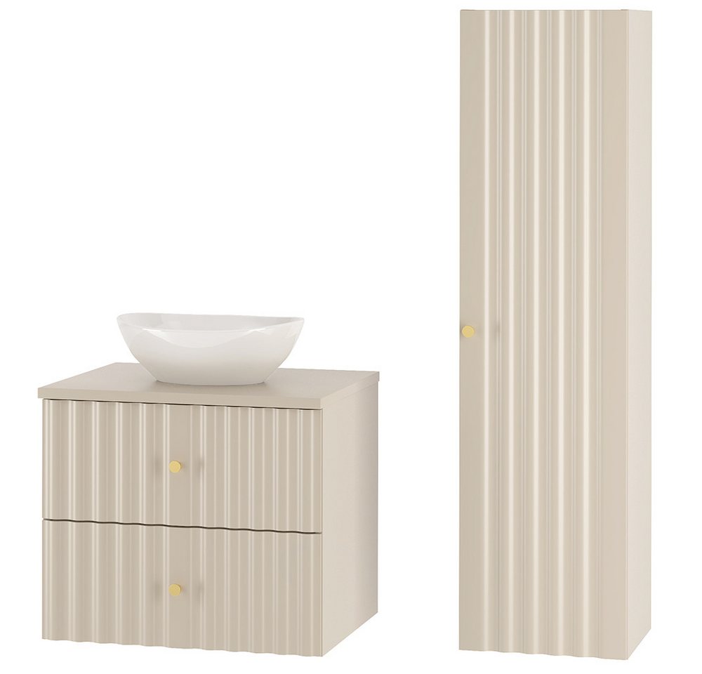 Lomadox Badmöbel-Set AQUINO-140, (Spar-Set, 2-St., Hochschrank Waschtisch), Badezimmermöbel Set Badezimmer Schrank Gäste WC modern kaschmir von Lomadox