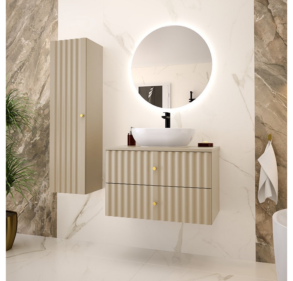 Lomadox Badmöbel-Set AQUINO-140, (Spar-Set, 3-St., Hochschrank Waschtisch Spiegel), Badezimmermöbel Set Badezimmer Schrank Gäste WC modern kaschmir von Lomadox