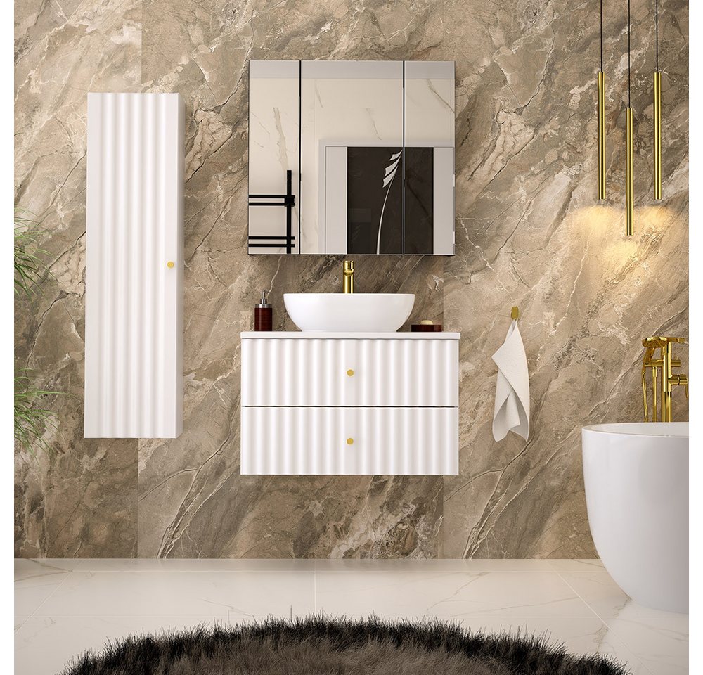 Lomadox Badmöbel-Set AQUINO-140, (Spar-Set, 3-St., Hochschrank Waschtisch Spiegelschrank), Badezimmermöbel Set Badezimmer Schrank Gäste WC modern in weiß von Lomadox