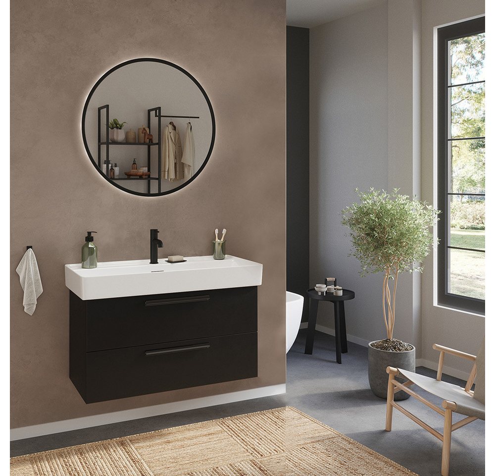Lomadox Badmöbel-Set ATELLA-03, (Spar-Set, 2-St., Waschtisch Spiegel), in schwarz, mit 100 cm Waschbecken, LED-Spiegel mit Touchschalter von Lomadox