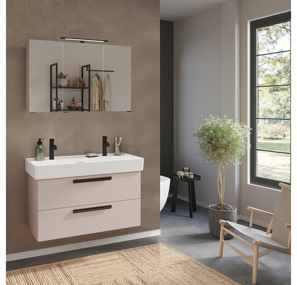 Lomadox Badmöbel-Set ATELLA-03, (Spar-Set, 2-St., Waschtisch Spiegelschrank), in kaschmir, Waschbecken für 2 Armaturen, LED-Spiegel Touchschalter von Lomadox