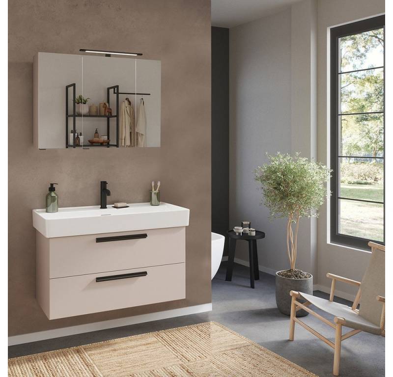 Lomadox Badmöbel-Set ATELLA-03, (Spar-Set, 2-St., Waschtisch Spiegelschrank), in kaschmir, mit 100 cm Waschbecken, 3-türiger Spiegel von Lomadox