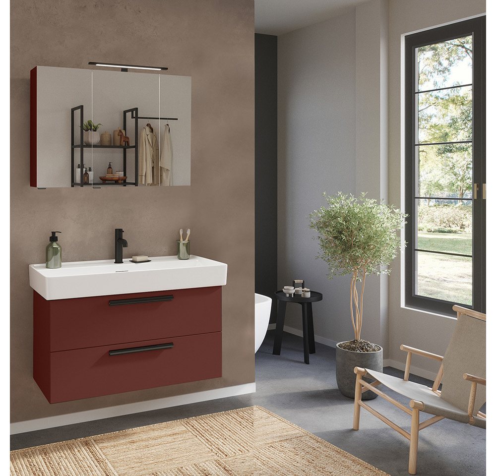 Lomadox Badmöbel-Set ATELLA-03, (Spar-Set, 2-St., Waschtisch Spiegelschrank), in rot, mit 100 cm Waschbecken, Breite 100 cm, 3-türiger Spiegel von Lomadox