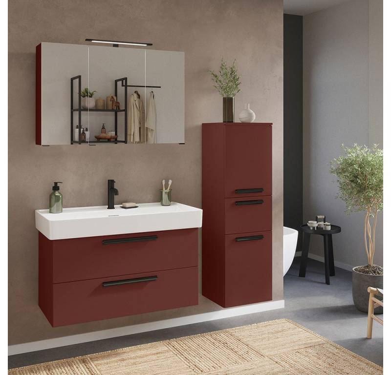 Lomadox Badmöbel-Set ATELLA-03, (Spar-Set, 3-St., Waschtisch Spiegelschrank Midischrank), in rot, 100 cm Breite, Keramik-Waschbecken, 3-türig von Lomadox