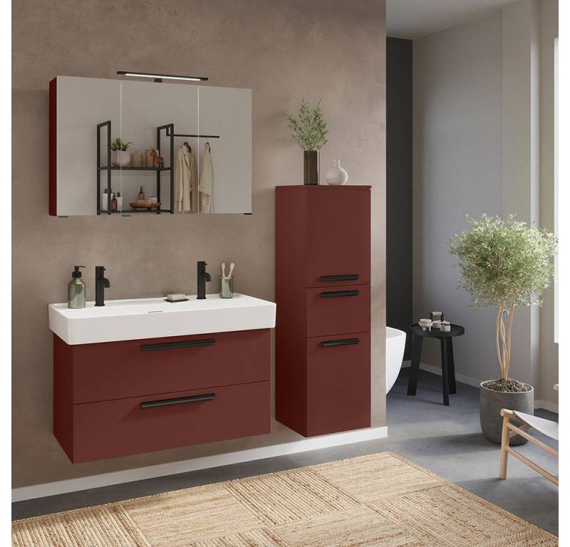 Lomadox Badmöbel-Set ATELLA-03, (Spar-Set, 3-St., Waschtisch Spiegelschrank Midischrank), in rot, mit 100 cm Keramik-Waschbecken für 2 Armaturen von Lomadox