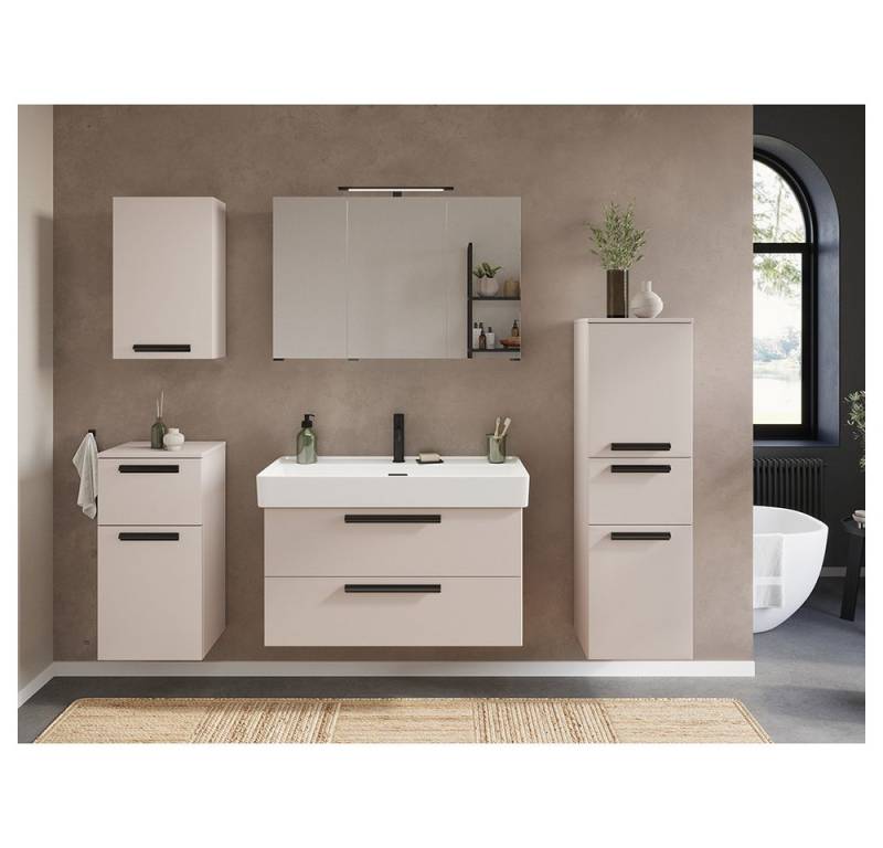 Lomadox Badmöbel-Set ATELLA-03, (Spar-Set, 5-St., Waschtisch Spiegel Midischrank Hängeschrank Unterschrank), in kaschmir, 100 cm Breite, Keramik-Waschbecken, 3-türig von Lomadox