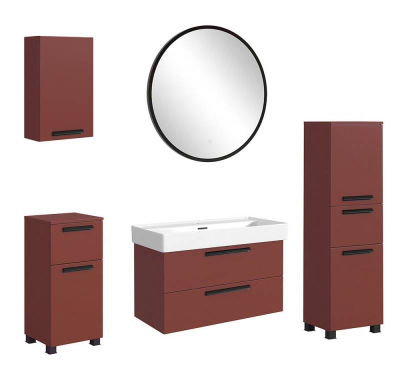 Lomadox Badmöbel-Set ATELLA-03, (Spar-Set, 5-St., Waschtisch Spiegel Midischrank Hängeschrank Unterschrank), in rot, mit 100 cm Keramik-Waschbecken, Breite 100 cm, LED-Spiegel von Lomadox