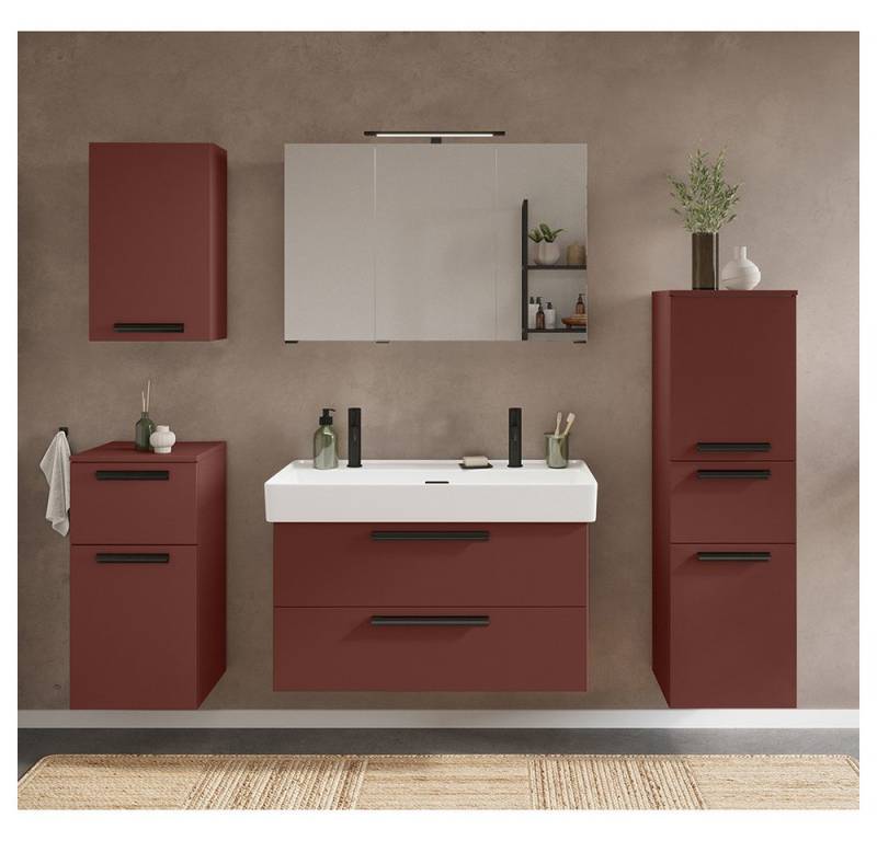 Lomadox Badmöbel-Set ATELLA-03, (Spar-Set, 5-St., Waschtisch Spiegel Midischrank Unterschrank Hängeschrank), in rot, mit 100 cm Keramik-Waschbecken für 2 Armaturen, 5-teilig von Lomadox