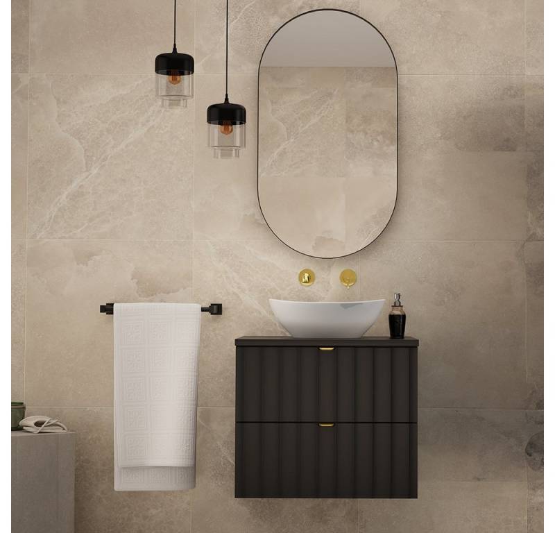 Lomadox Badmöbel-Set AVOLA-140, (Spar-Set, 2-St., Waschbeckenunterschrank Spiegel), Badezimmer Komplett Set mit Waschbecken Gäste WC modern in schwarz von Lomadox