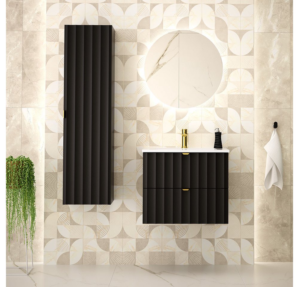 Lomadox Badmöbel-Set AVOLA-140, (Spar-Set, 3-St., Waschbeckenunterschrank Hochschrank Spiegel), Badezimmer Komplett Set mit Waschbecken Gäste WC modern in schwarz von Lomadox
