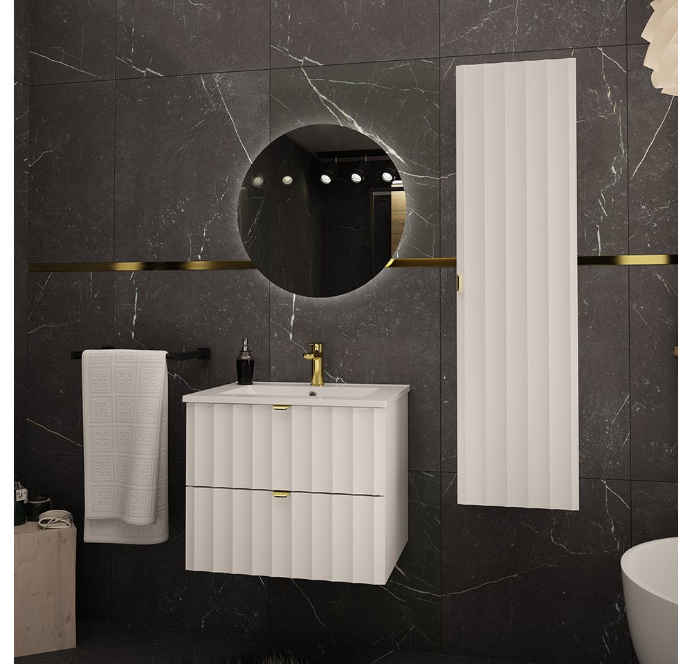 Lomadox Badmöbel-Set AVOLA-140, (Spar-Set, 3-St., Waschbeckenunterschrank Hochschrank Spiegel), Badezimmer Komplett Set mit Waschbecken Gäste WC modern in weiß von Lomadox