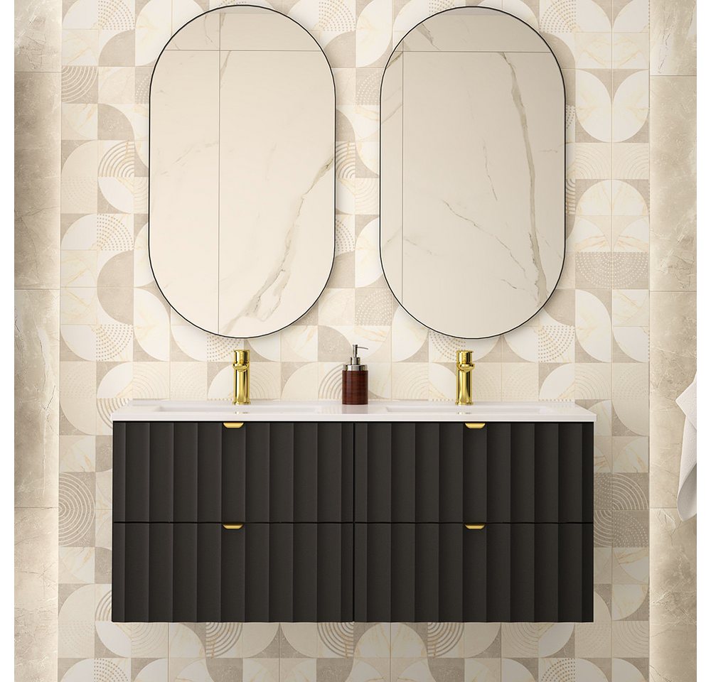 Lomadox Badmöbel-Set AVOLA-140, (Spar-Set, 3-St., Waschbeckenunterschrank Spiegel), Badezimmer Komplett Set mit Waschbecken Gäste WC modern in schwarz von Lomadox