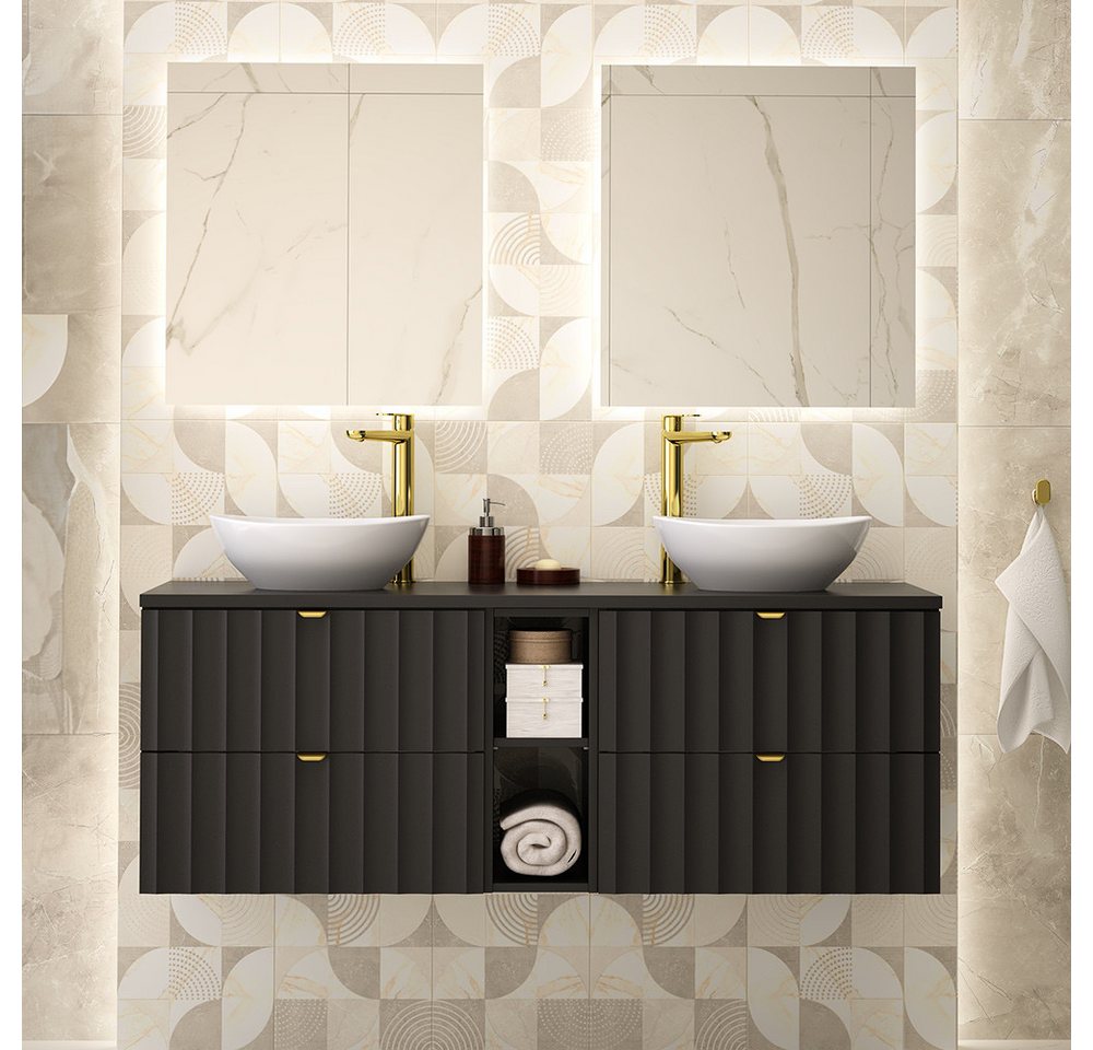 Lomadox Badmöbel-Set AVOLA-140, (Spar-Set, 3-St., Waschbeckenunterschrank Spiegel), Badezimmer Komplett Set mit Waschbecken Gäste WC modern in schwarz von Lomadox
