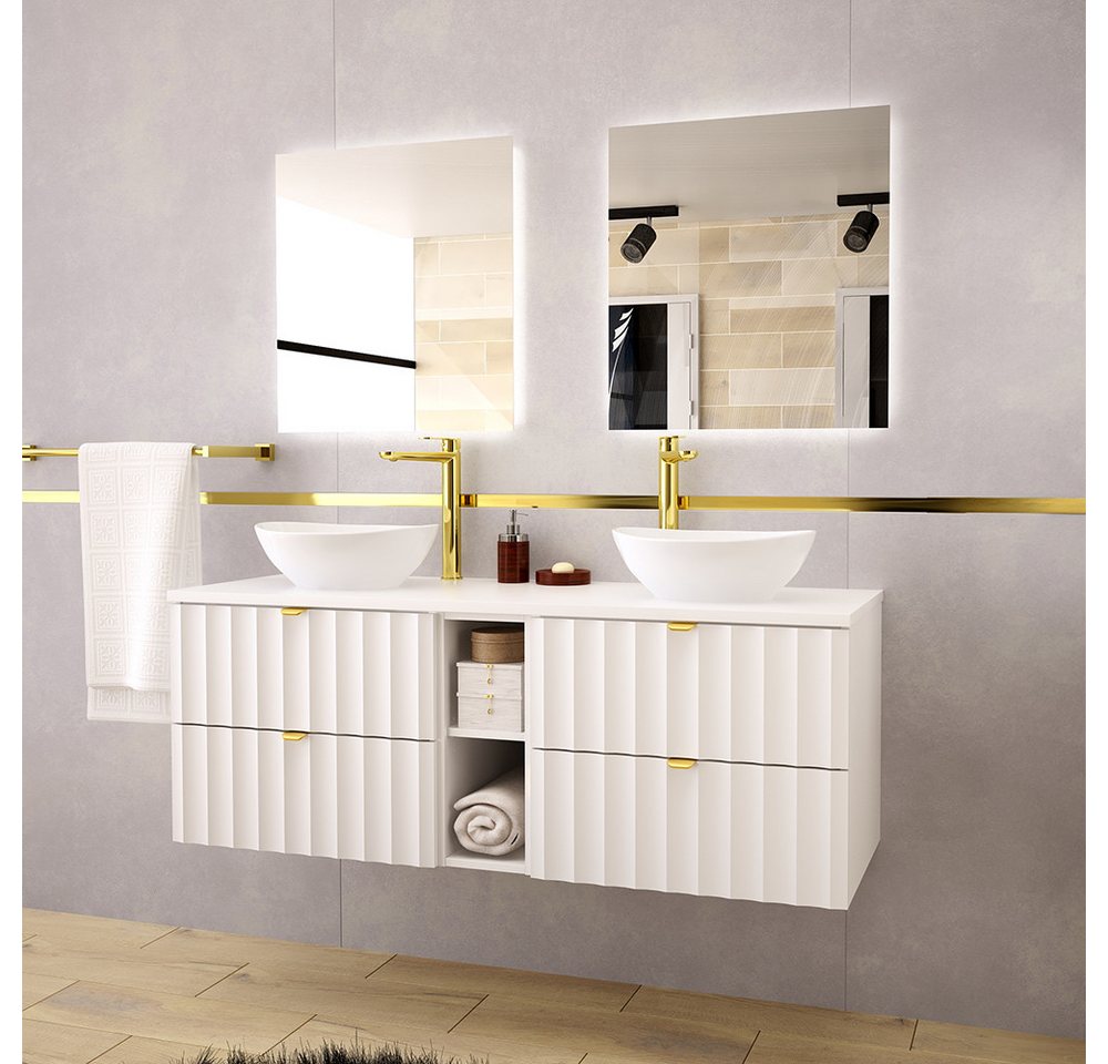 Lomadox Badmöbel-Set AVOLA-140, (Spar-Set, 3-St., Waschbeckenunterschrank Spiegel), Badezimmer Set 140 cm breit inkl. Waschtisch modern in weiß mit gold von Lomadox