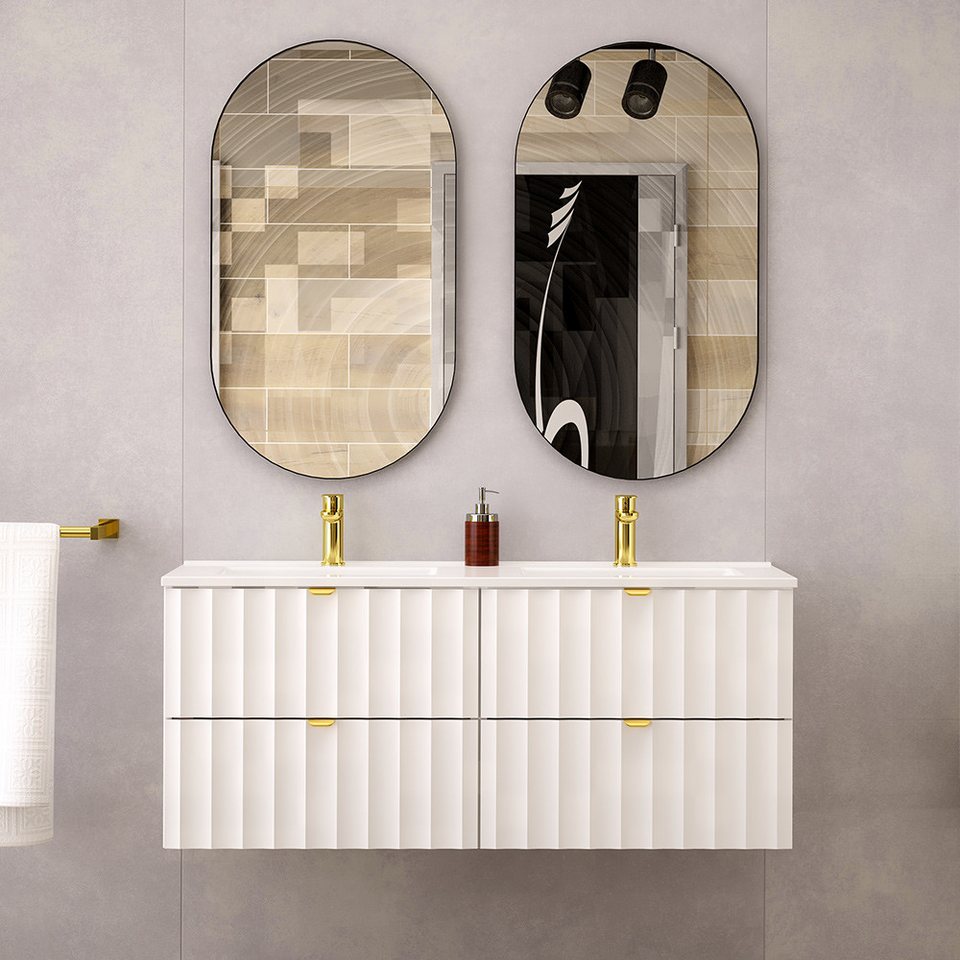Lomadox Badmöbel-Set AVOLA-140, (Spar-Set, 3-St., Waschbeckenunterschrank Spiegel), Badezimmer Set inkl. Waschtisch Gäste WC modern in weiß matt von Lomadox