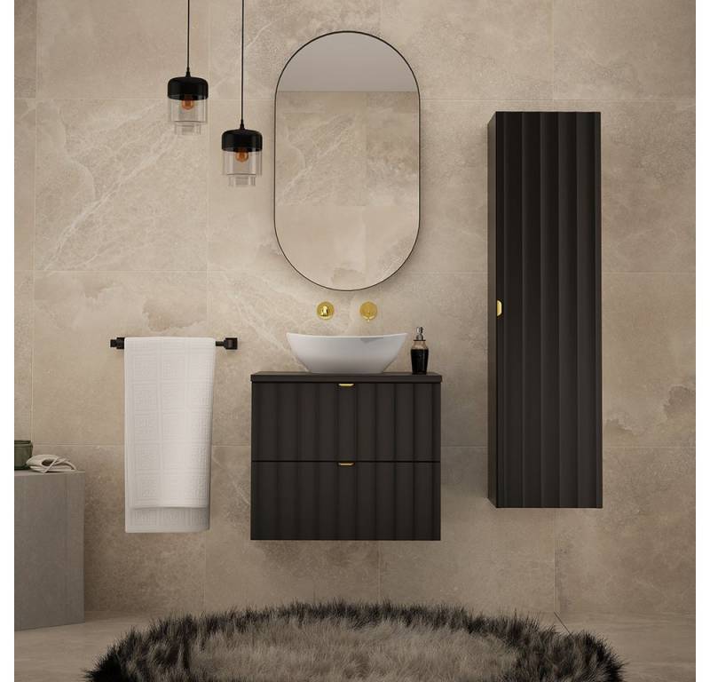 Lomadox Badmöbel-Set AVOLA-140, (Spar-Set, 3-St., Waschbeckenunterschrank Spiegel Hochschrank), Badezimmer Komplett Set mit Waschbecken Gäste WC modern in schwarz von Lomadox