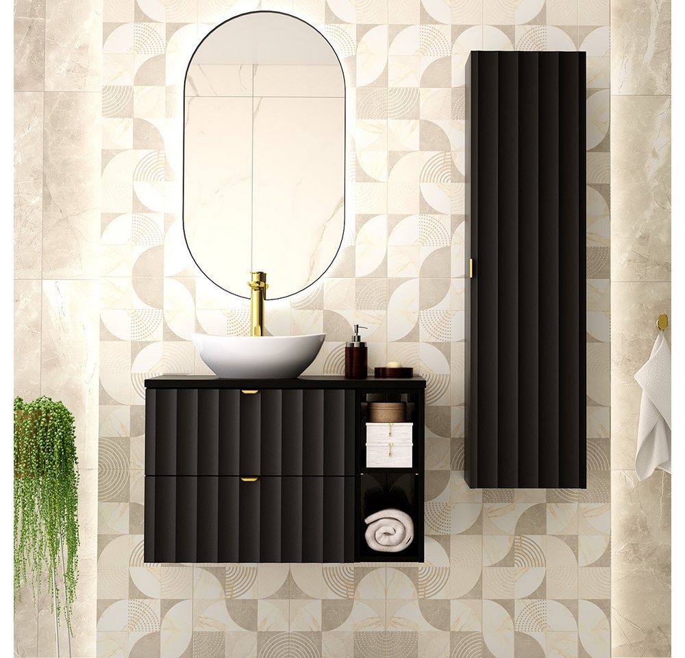 Lomadox Badmöbel-Set AVOLA-140, (Spar-Set, 3-St., Waschbeckenunterschrank Spiegel Hochschrank), Badezimmer Komplett Set mit Waschbecken Gäste WC modern in schwarz von Lomadox