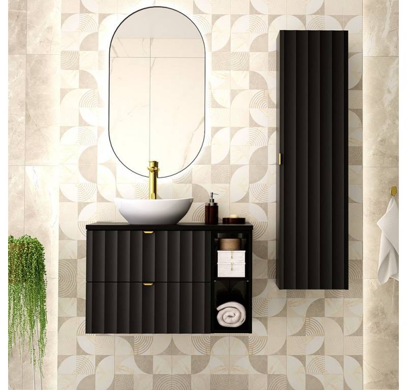 Lomadox Badmöbel-Set AVOLA-140, (Spar-Set, 3-St., Waschbeckenunterschrank Spiegel Hochschrank), Badezimmer Komplett Set mit Waschbecken Gäste WC modern in schwarz von Lomadox