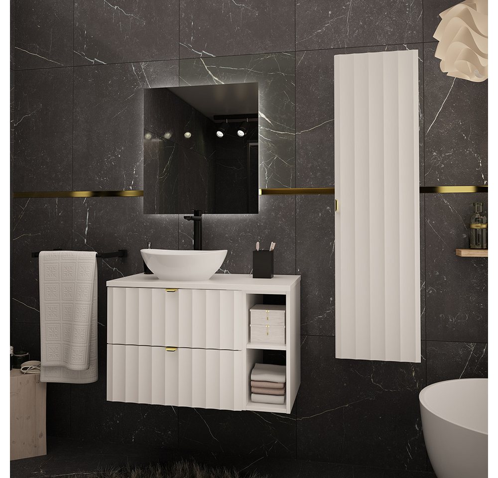 Lomadox Badmöbel-Set AVOLA-140, (Spar-Set, 3-St., Waschbeckenunterschrank Spiegel Hochschrank), Badezimmer Komplett Set mit Waschbecken Gäste WC modern in weiß von Lomadox