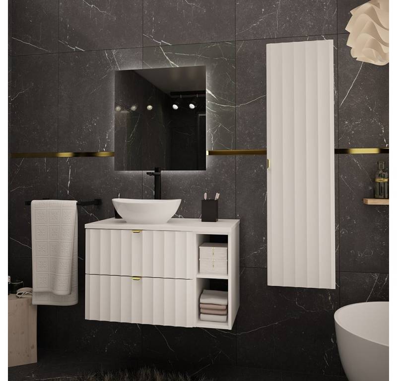 Lomadox Badmöbel-Set AVOLA-140, (Spar-Set, 3-St., Waschbeckenunterschrank Spiegel Hochschrank), Badezimmer Komplett Set mit Waschbecken Gäste WC modern in weiß von Lomadox