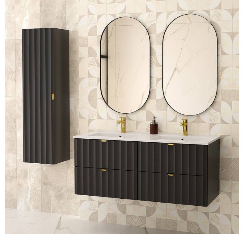 Lomadox Badmöbel-Set AVOLA-140, (Spar-Set, 4-St., Waschbeckenunterschrank Spiegel Hochschrank), Badezimmer Komplett Set mit Waschbecken Gäste WC modern in schwarz von Lomadox