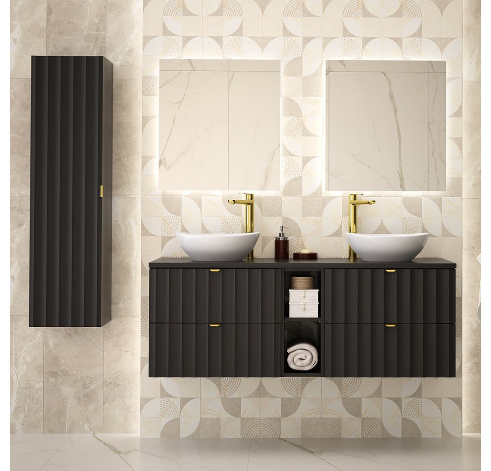 Lomadox Badmöbel-Set AVOLA-140, (Spar-Set, 4-St., Waschbeckenunterschrank Spiegel Hochschrank), Badezimmer Komplett Set mit Waschbecken Gäste WC modern in schwarz von Lomadox