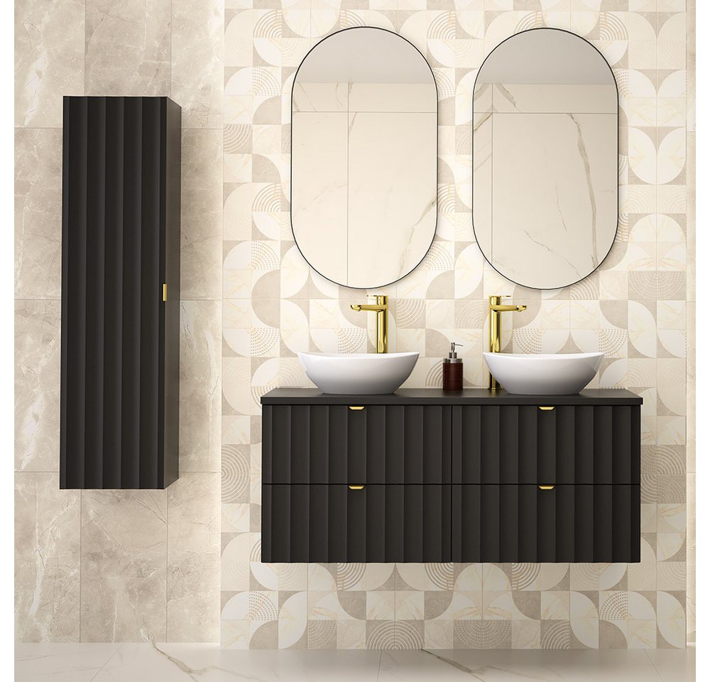 Lomadox Badmöbel-Set AVOLA-140, (Spar-Set, 4-St., Waschbeckenunterschrank Spiegel Hochschrank), Badezimmer Komplett Set mit Waschbecken Gäste WC modern in schwarz von Lomadox