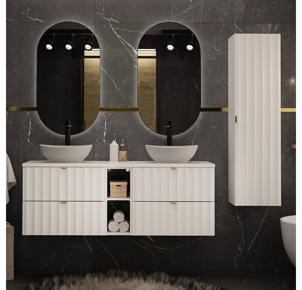 Lomadox Badmöbel-Set AVOLA-140, (Spar-Set, 4-St., Waschbeckenunterschrank Spiegel Hochschrank), Badezimmer Set 190 cm breit mit Waschtisch Waschbecken modern in weiß von Lomadox