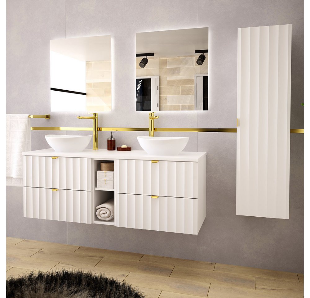 Lomadox Badmöbel-Set AVOLA-140, (Spar-Set, 4-St., Waschbeckenunterschrank Spiegel Hochschrank), Badezimmer Set 190 cm breit mit Waschtisch modern in weiß von Lomadox
