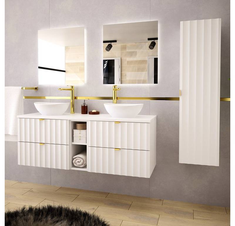 Lomadox Badmöbel-Set AVOLA-140, (Spar-Set, 4-St., Waschbeckenunterschrank Spiegel Hochschrank), Badezimmer Set 190 cm breit mit Waschtisch modern in weiß von Lomadox