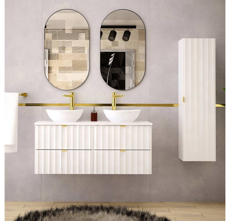 Lomadox Badmöbel-Set AVOLA-140, (Spar-Set, 4-St., Waschbeckenunterschrank Spiegel Hochschrank), Badezimmer Set inkl. Waschtisch Gäste WC modern in weiß matt von Lomadox