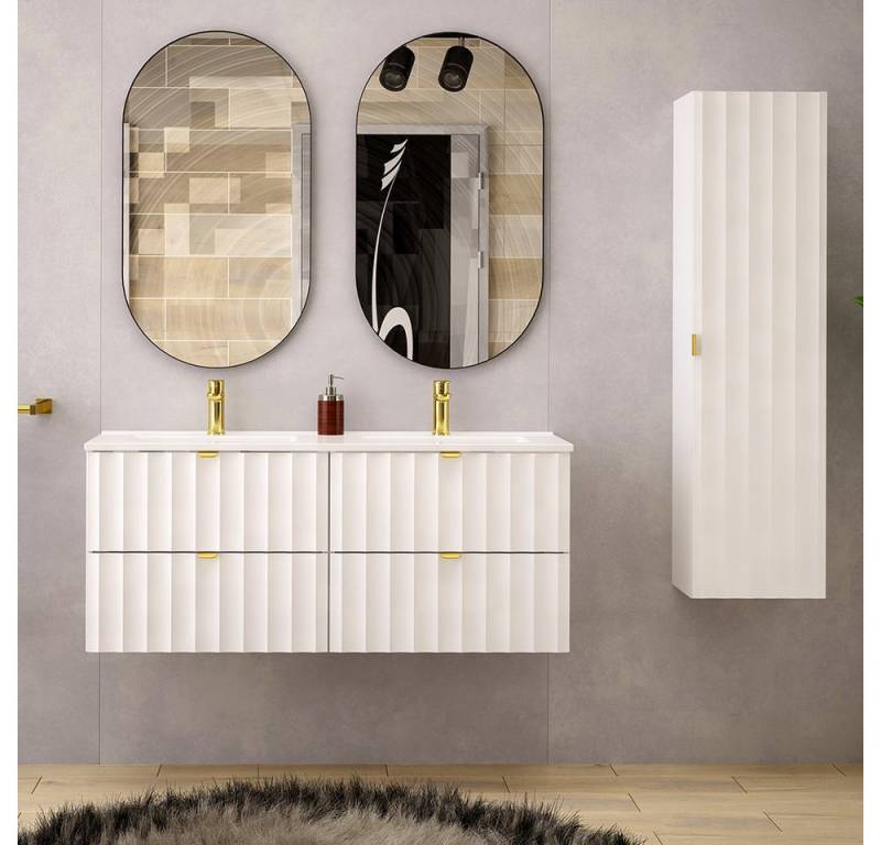 Lomadox Badmöbel-Set AVOLA-140, (Spar-Set, 4-St., Waschbeckenunterschrank Spiegel Hochschrank), Badezimmer Set inkl. Waschtisch Gäste WC modern in weiß matt von Lomadox