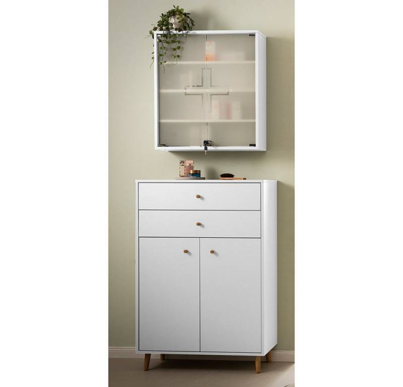 Lomadox Badmöbel-Set BELFORT-80, (Spar-Set, 2-St., Medizinschrank Highboard), in weiß matt, Griffe und Füße Eiche massiv von Lomadox
