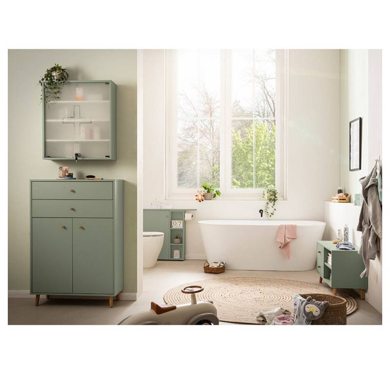 Lomadox Badmöbel-Set BELFORT-80, (Spar-Set, 4-St., Medizinschrank Highboard Sitzbank Midischrank), in Pistaziengrün, 4-teilig, Eiche massiv Griffe, skandinavisch von Lomadox