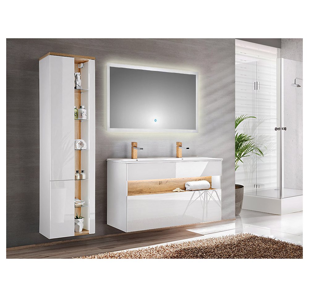 Lomadox Badmöbel-Set BERMUDA-56, (Spar-Set, 4-St), mit Doppel-Becken inkl. LED-Spiegel in Weiß-Hochglanz 185/200/45cm von Lomadox