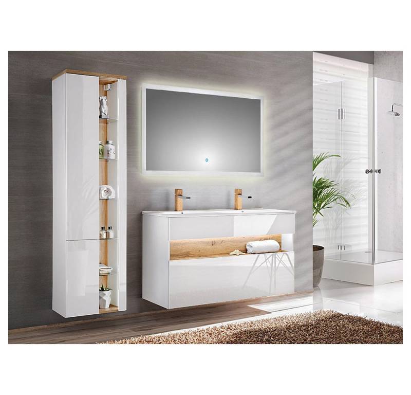 Lomadox Badmöbel-Set BERMUDA-56, (Spar-Set, 4-St), mit Doppel-Becken inkl. LED-Spiegel in Weiß-Hochglanz 185/200/45cm von Lomadox